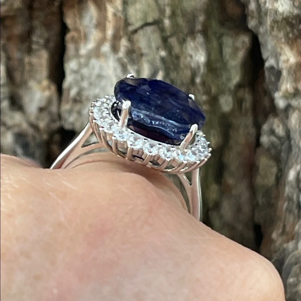 NWT Natural Sapphire 16X13mm CZ accents Statement Ring S10 Unheated/ Untreated - Picture 10 of 14